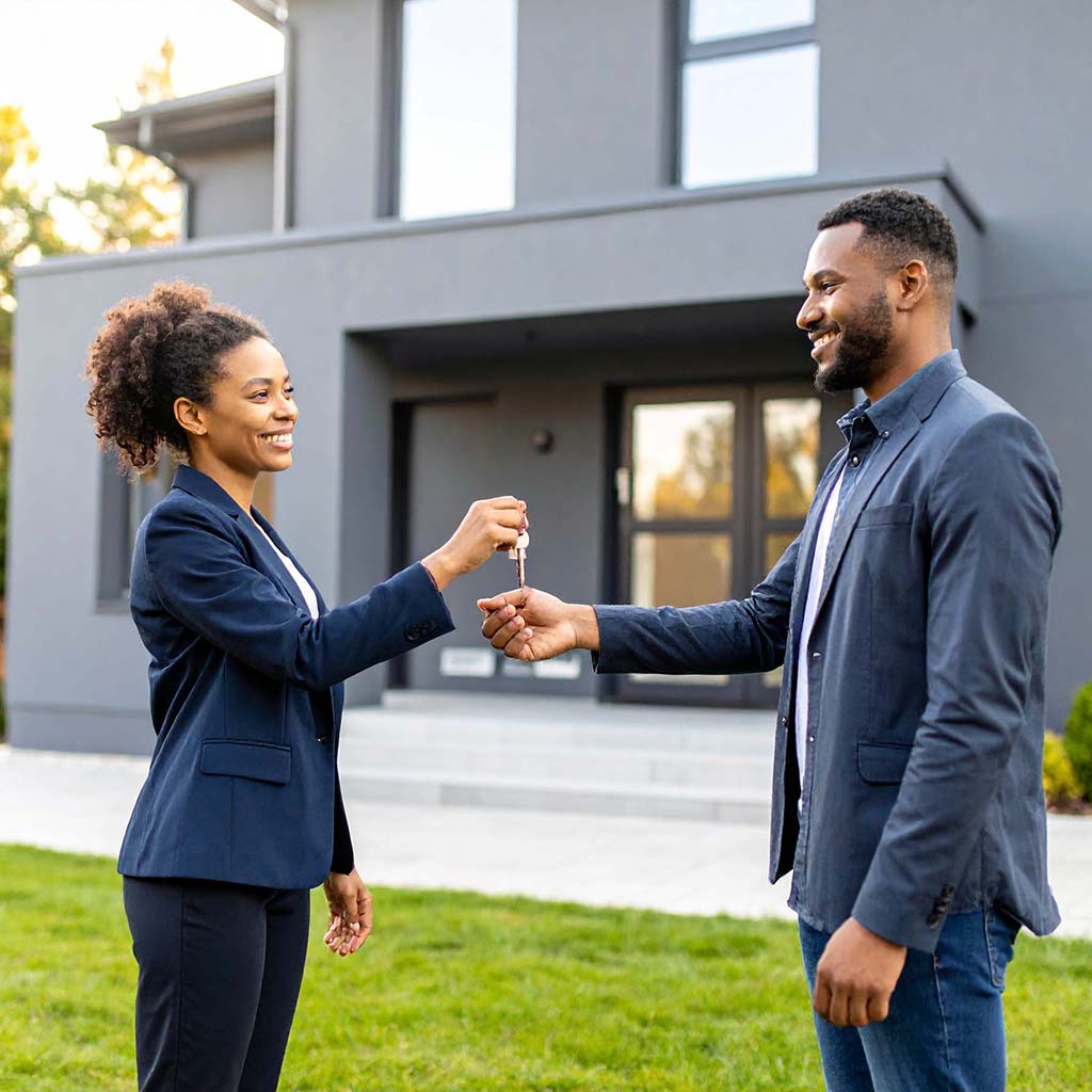 African-American woman realtor handing house keys to African-American male buyer