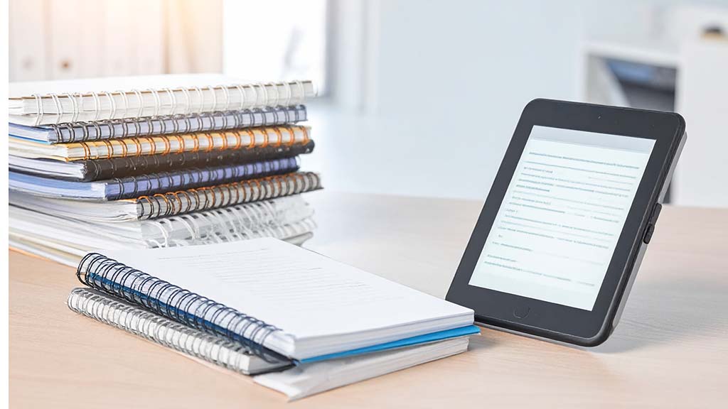 Spiral workbooks and tablet with digital guides on an office desk